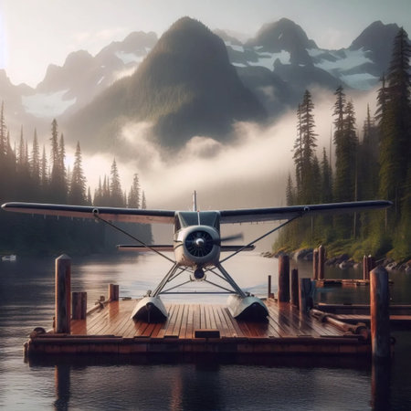 A seaplane docking at a wilderness lodge pier, Ai generated image