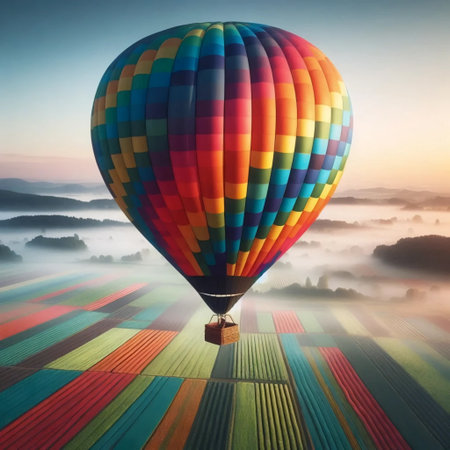A hot air balloon drifting near clouds at sunrise, Ai generated image