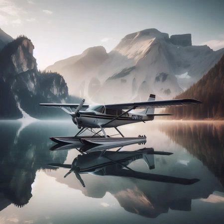 A seaplane floating on calm water, Ai generated image