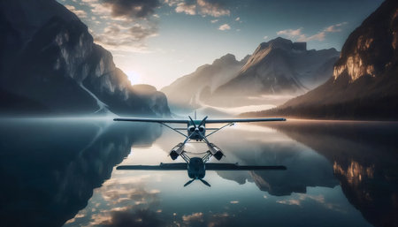 A seaplane floating on calm water, Ai generated image