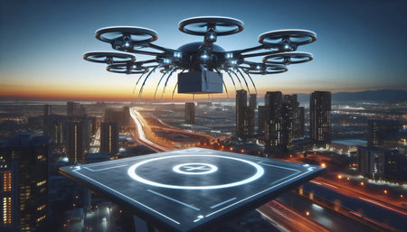 A drone delivery aircraft launching from a rooftop pad, Ai generated image