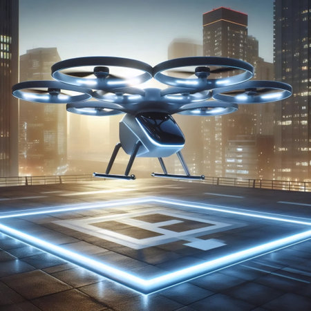 A drone delivery aircraft launching from a rooftop pad, Ai generated image