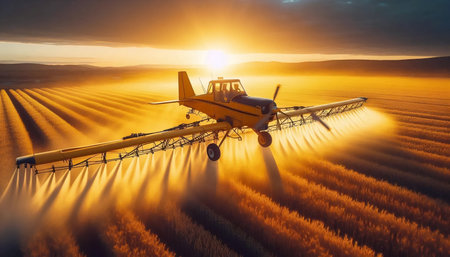 A crop duster plane flying low over golden fields, Ai generated image