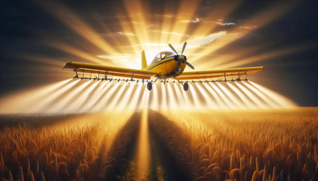 A crop duster plane flying low over golden fields, Ai generated imageの写真素材