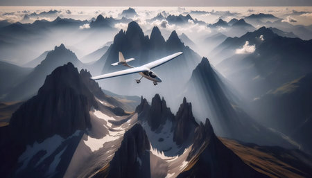 A glider soaring over mountain ridges, Ai generated image