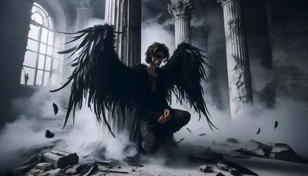 A dark gothic angel with torn wings in post-apocalyptic ruins, Ai generated image