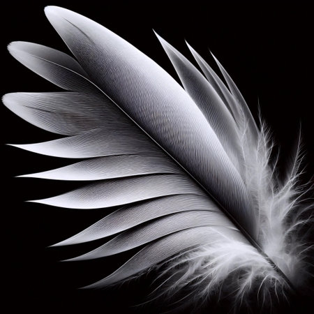 A minimalist single feather with golden light on dark background, Ai generated imageの写真素材