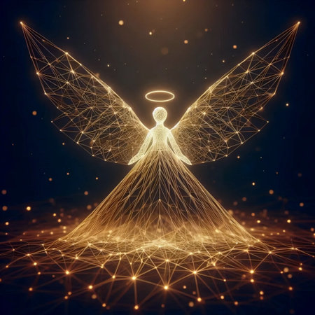 A golden wireframe angel outline floating in dark space, Ai generated imageの写真素材