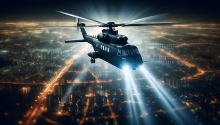 A helicopter with a spotlight over a night city, Ai generated image