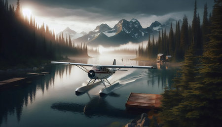 A seaplane docking at a wilderness lodge pier, Ai generated image