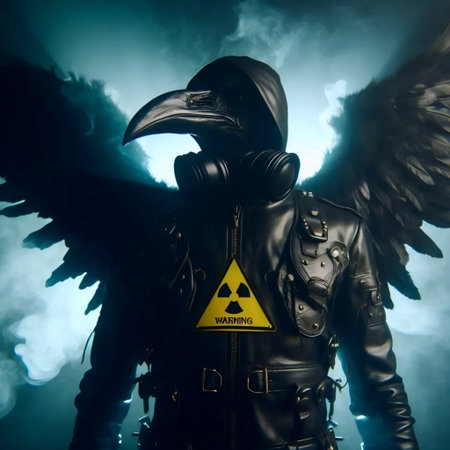 A post-apocalyptic angel with gas mask and barbed wire halo, Ai generated image