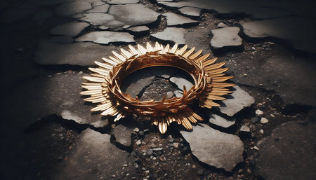 A broken halo resting on cracked concrete, Ai generated image