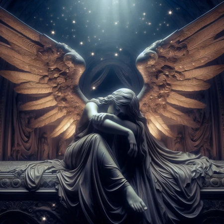A marble angel monument in moonlit cemetery, Ai generated image