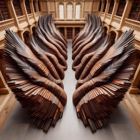 A library with bookshelves forming angel wing patterns, Ai generated imageの写真素材