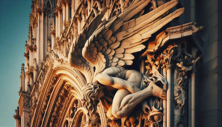 A cathedral spire transforming into ascending angels at sunset, Ai generated imageの写真素材