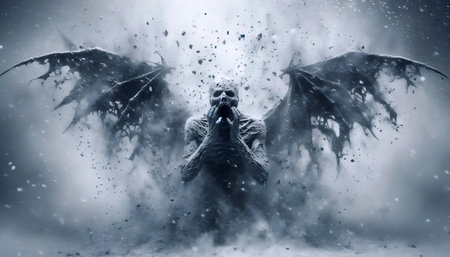 A skeletal angel with moth-eaten wings in abandoned church, Ai generated imageの写真素材