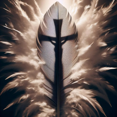 A single floating feather casting shadow-cross on white wall, Ai generated imageの写真素材
