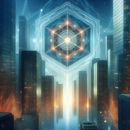 A neon-lit angelic sigil floating above downtown skyscrapers, Ai generated image