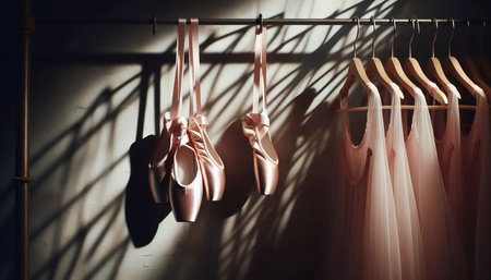 Silk ballet slippers hanging on costume rackの写真素材