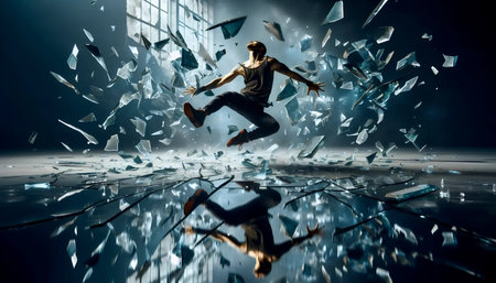 Ballerina collapsing with broken mirror reflections, Ai generated image