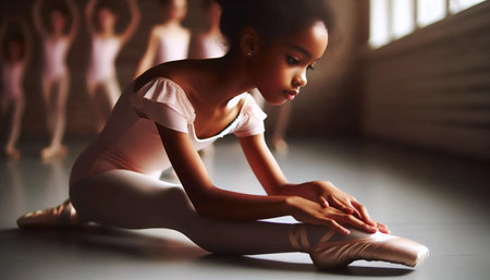 Little ballerina holding barre on tiptoesの写真素材
