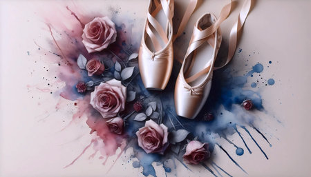 Watercolor ballet shoes dissolving into paint swirls, Ai generated imageの写真素材