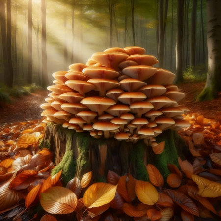 A glowing honey fungus colony, Ai generated image
