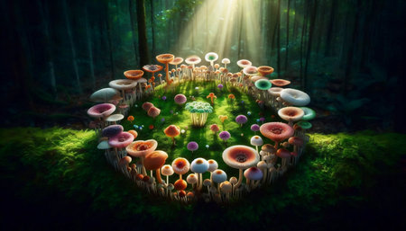 A magical forest mushroom circle, Ai generated imageの写真素材
