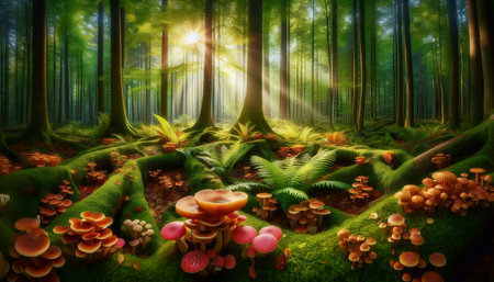 A mushroom forest ecosystem, Ai generated image