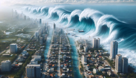 A tsunami wave impact, Ai generated imageの写真素材