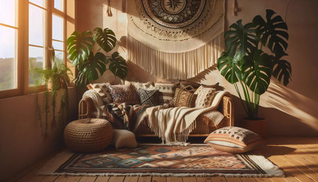 Boho living room interior, Ai generated imageの写真素材