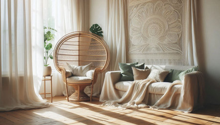 Boho living room interior, Ai generated image