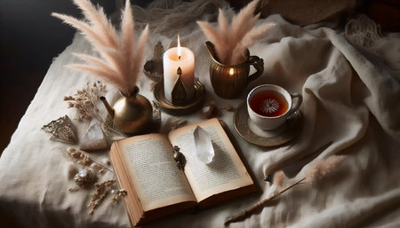 Still life with tea and books, Ai generated imageの写真素材