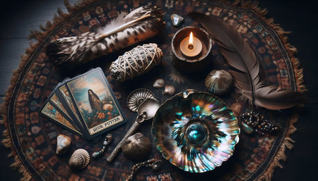 Still life with tarot cards and ritual items, Ai generated imageの写真素材