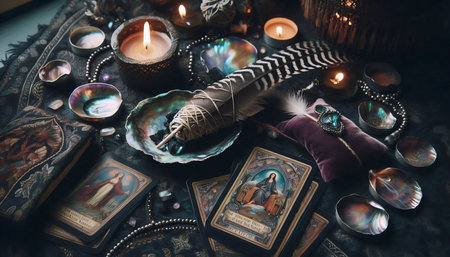 Still life with tarot cards and mystical items