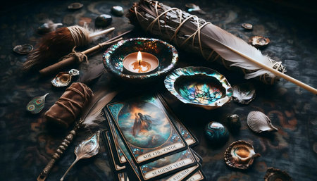 Still life with tarot cards and ritual items, Ai generated imageの写真素材