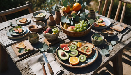 Breakfast table setting, Ai generated imageの写真素材