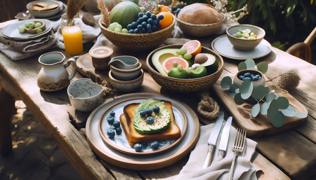 Breakfast table setting, Ai generated imageの写真素材