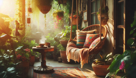 Boho porch setting, Ai generated imageの写真素材