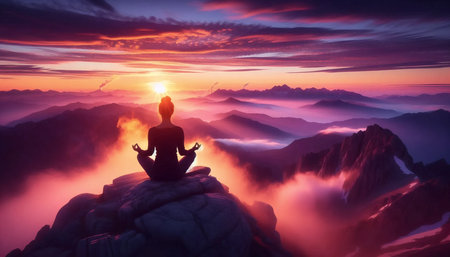 Breathwork at mountain dawnの写真素材