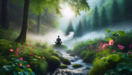 Morning breath meditation, Ai generated imageの写真素材