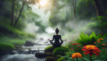 Morning breath meditation, Ai generated imageの写真素材