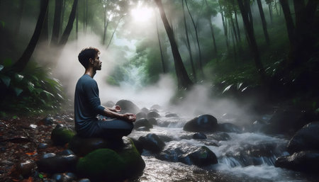 Morning breath meditation, Ai generated imageの写真素材