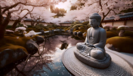 Meditating Buddha garden, Ai generated imageの写真素材