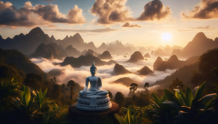 Buddha in lotus pose mountains, Ai generated imageの写真素材