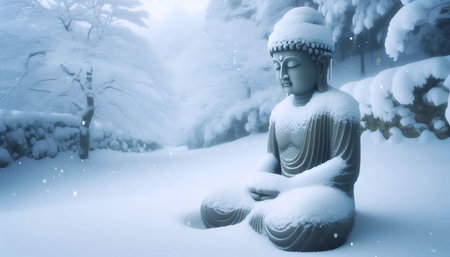Buddha snow covered, Ai generated imageの写真素材