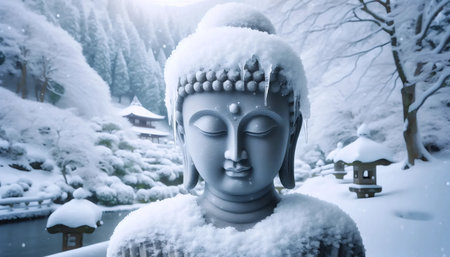 Buddha snow covered, Ai generated imageの写真素材