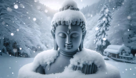 Buddha snow covered, Ai generated imageの写真素材