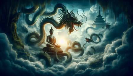 Buddha with dragon, Ai generated imageの写真素材