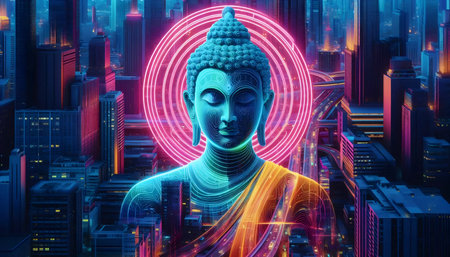 Neon Buddha artwork, Ai generated image